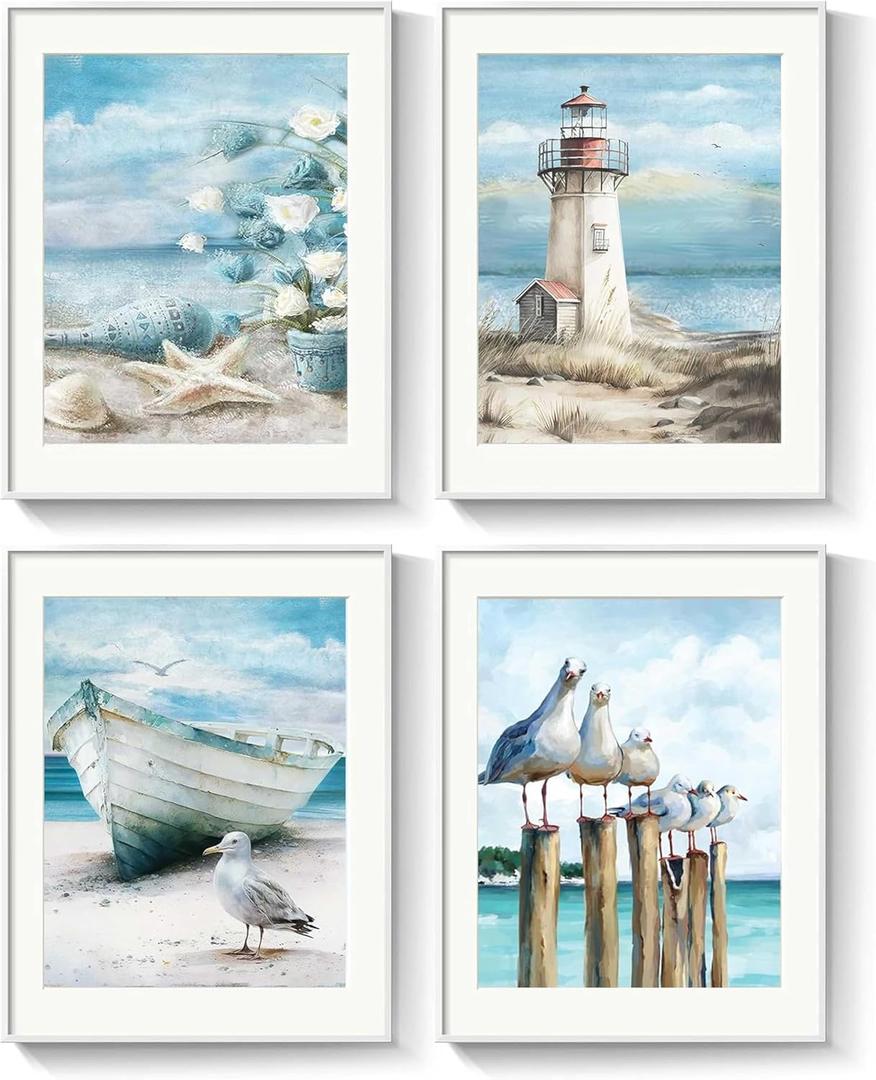 4Pcs Paint by Numbers Kit for Adults Beginner, 12x16 inch Lighthouse Beach Boat Seagulls, DIY Acrylic Watercolor Oil for Living Room Bathroom Home Decor Gift