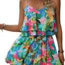Women's Boho Wide Leg Short Romper Spaghetti Strap Layered Ruffle Vacation Summer Jumpsuit (Medium, Green)