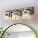 Modern Crystal Bathroom Vanity Lights, Black Gold 3-Lights Bathroom Light Fixtures Over Mirror, Crystal Wall Lighting with Polished Gold Finish(Exclude Bulb)