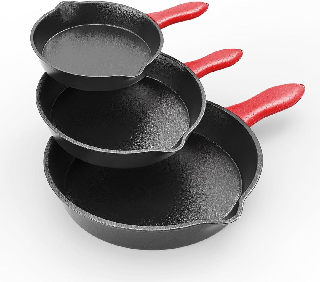 3 piece set, cookware set 6, 8, 10 Inches, for frying, saute, &more, easy use in the oven, stove, grill, or campfire, black, with silicone heat-resistant cover