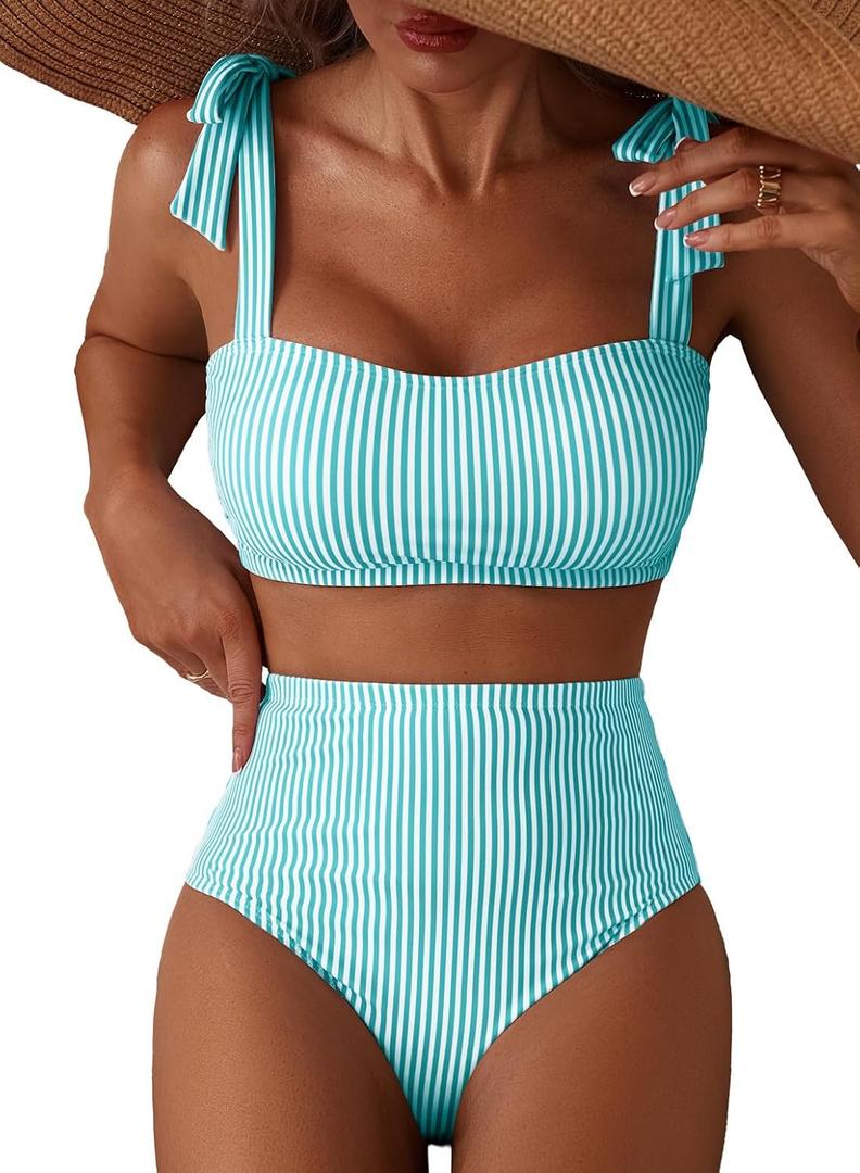 Herseas Women's Tie Shoulder Bikini Sets 2 Piece Striped Swimsuits High Waisted Bathing Suits (Blue, L)