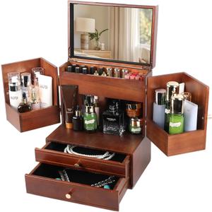 Makeup Organizer Countertop with Drawers: Wooden Multifunctional Dresser Top Cosmetics Storage Tabletop Skin Care Organizer Shelf for Desktop, Skincare, Beauty Supplies, Cosmetics Display