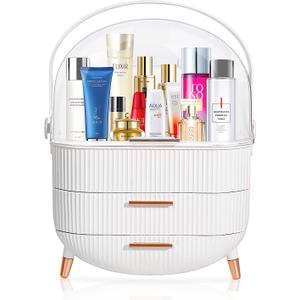 MASSY Egg Shape(Oval) Makeup Storage Box, Countertop Portable Vanity Cosmetics Organizer Preppy (FBA-White)