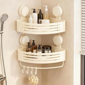 Corner Shower Caddy Bathroom Organizer2-Pack Cream White,No-Drilling Aluminum Suction Cup Corner Shower Shelf with Towel Bar & Hooks,Detachable and Reusable Bathroom and Kitchen Storage