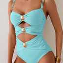 B2prity Cutout One Piece Swimsuit Tummy Control Ruched Monokini Color Block Bathing Suit for Cruise Vacation (Blue, XL)
