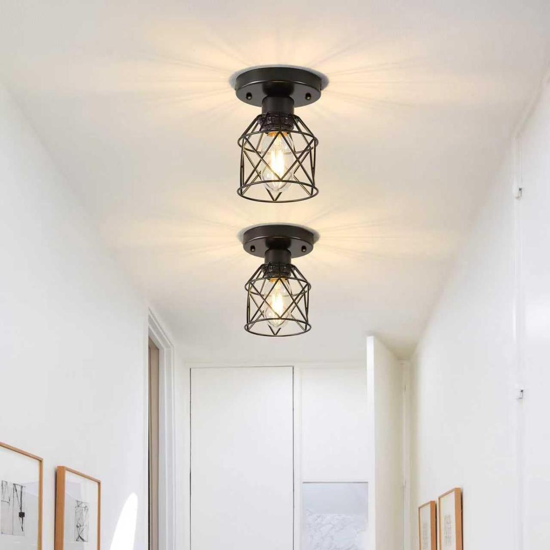 2-Pack Farmhouse Semi Flush Mount Ceiling Light Fixture, Rustic Black Hallway Small Metal Ceiling Lamp Shade for Porch Kitchen Stairway Bedroom Entryway, E26 Base