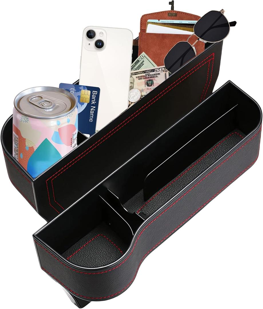 2026 Upgraded 2 PC (L+R) Premium PU Leather Car Seat Gap Filler Organizer with Cup Holder & Storage Slot/Bag Fits Front Seat, Holds Phone, Glasses, Keys,Car/SUV/Truck Essentials Gifts