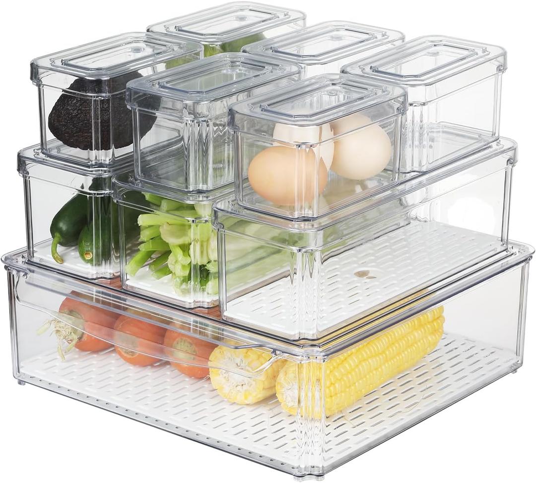 Plastic Fridge Organizer,Clear Storage Containers for Fridge Stackable Organizer Bins Square Food Storage Box Keep Fresh for Vegetable,Food,Fruits (10 PACK)