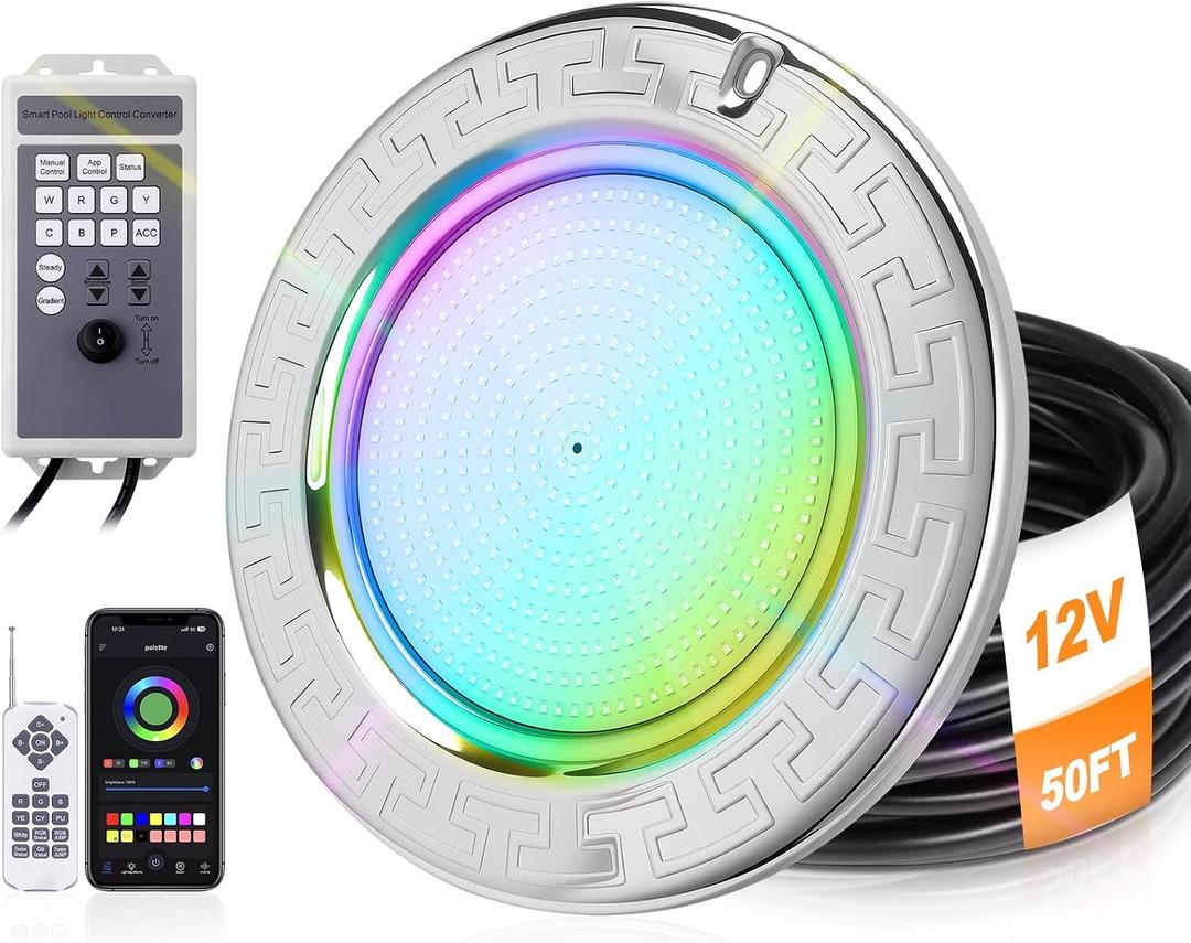 10 Inch LED Pool Light for Inground Pool, 50W Ultra Bright RGB Underwater Swimming Pool Light with Controller, Remote & APP Control, Color Change, Built-in 12V Transformer (120V Input), 50FT Cord