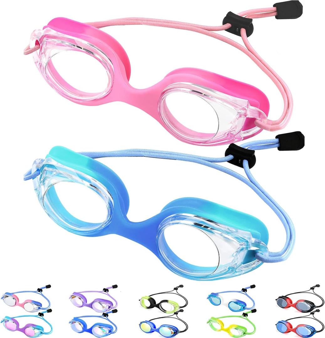 Vvinca Kids Swim Goggles with Bungee Strap No Leaking Anti Fog Toddler Goggles with Quick Adjust Ages 3-14, 01- Pink & Blue Gradient