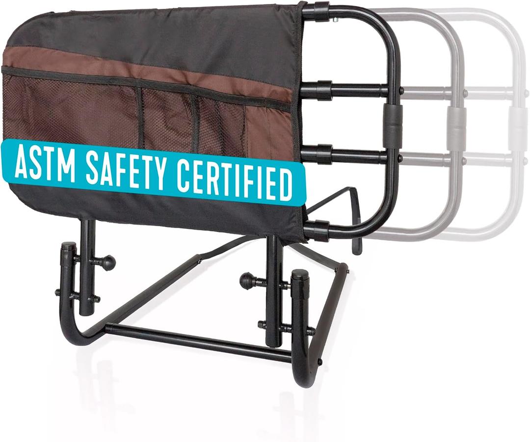 Stander EZ Adjust Bed Rail, Adjustable Senior Bedrail and Safety Assist Railing for Elderly Adults with Organizer Pouch, ASTM Safety Approved Guard-Rail, Black