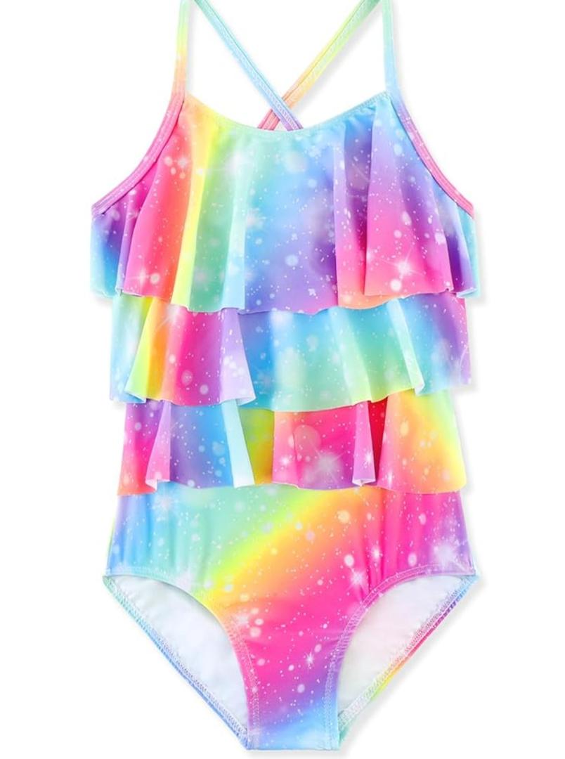Girls One Piece Swimsuits Cute Ruffles Swimming Bathing Suit with Adjustable Straps Beach Pool Kids Swimwear 3T-12 Size 150