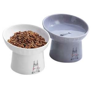 OMAYKEY 6.5 Inch Extra Wide Ceramic Raised Cat Bowl Set, Tilted Elevated Cat Bowls for Food and Water, Prevent Whisker Fatigue, Stress Free, Less Vomiting, Protect Spine, White & Grey