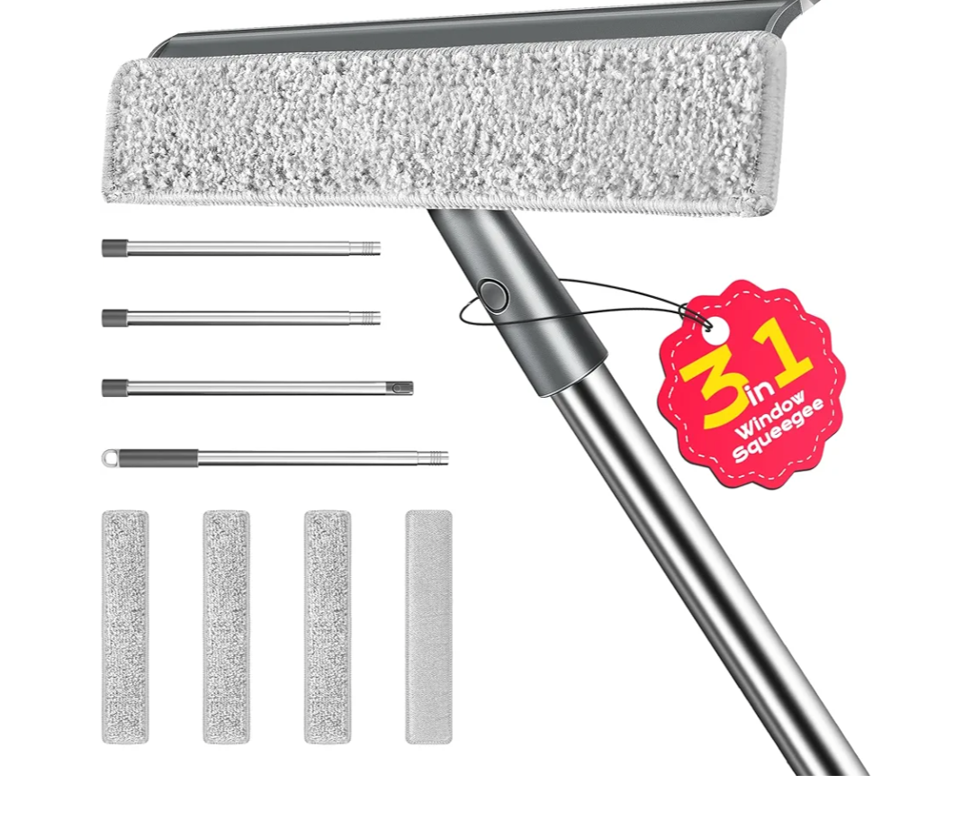 Window Squeegee for Home, Window Cleaner Tool with Extension Pole, Squeegee for Window Cleaning with 3 Microfiber Cloths and Screen Brush, Window Cleaning Kit for Car Windshield, Shower Glass Doors
