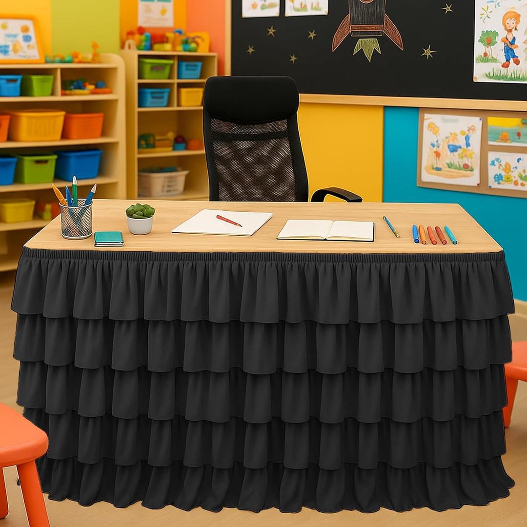 Black Table Skirt Tutu Ruffled Tablecloth for Classroom Teacher Desk Skirt Back to School Supplies for Princess Girls Birthday Party Cake Dessert Decorations, 6FT