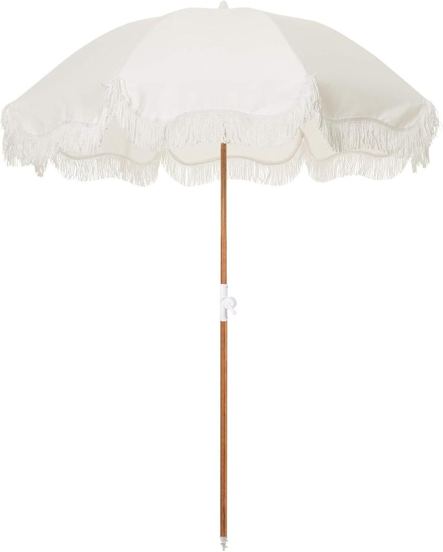 Business & Pleasure Co. Holiday Umbrella - Boho Beach Umbrella with White Fringe, UPF 50+, 1" Tilting Wood Pole, 5 x 6.5 Ft, Antique White