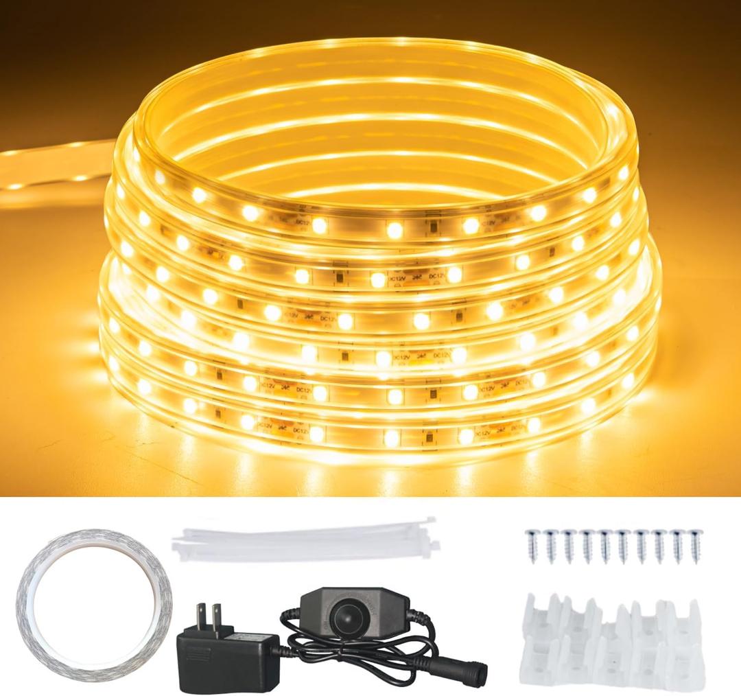 20FT Warm White Rope Lights Outdoor, 12V IP65 Waterproof Led Rope Lights Indoor Cuttable, Flexible Led Strip Lights Cuttable Plug-in for Patio Deck Bedroom Kitchen Bedroom Christmas