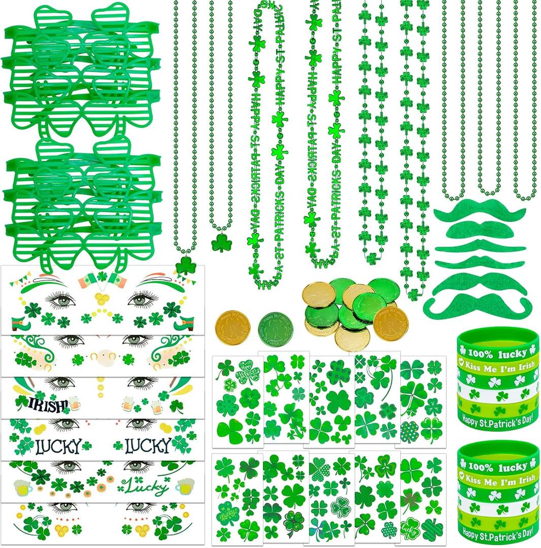 DPKOW 61Pcs St Patricks Day Accessories, Shamrock Glasses Necklaces Wristbands Lcuky Clover Temporary Tattoos Beard Lcuky Coins St Patty's Day Accessories Decorations Irish Party Favors Gifts