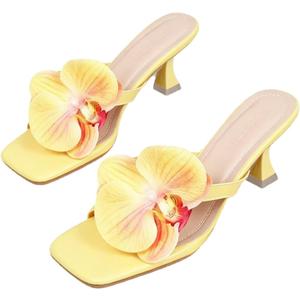 MakeMeChic Women's Open Toe Floral Kitten Heels Flower Summer Beach Sandals Tropical Flower Yellow 8