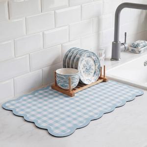 Scalloped Checkered Dish Drying Mat, 12" x 20" Absorbent Coffee Mat for Kitchen Counter, Gingham Espresso Machine Countertops Accessories with Non-slip Backing for Coffee Countertops(Blue), 19.7" x 11.8"