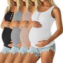 4 Pack Women's Maternity Tank Tops Henley Cotton Scoop Neck Shirt Ribbed Side Ruched Sleeveless Pregnancy Clothes (Large, White, Khaki, Light Gray, Black)