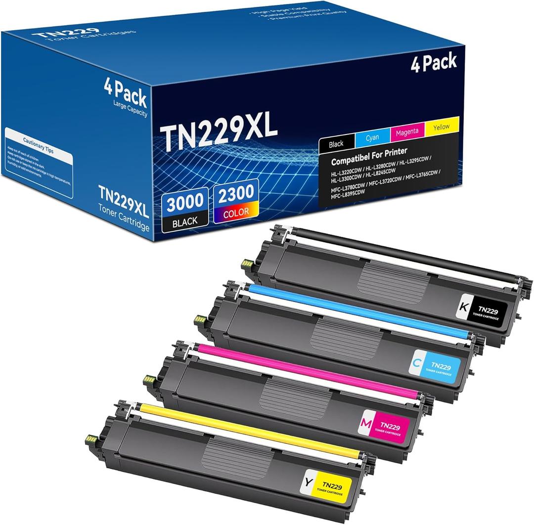 TN229XL Toner Cartridge MFC-L3780CDW Compatible for Brother TN229XL TN229 Replacement TN-229 XL Toner Cartridges 4 Pack Work with MFC-L3780CDW HL-L3280CDW MFC-L3720CDW HL-L3220CDW HL-L3300CDW Printes