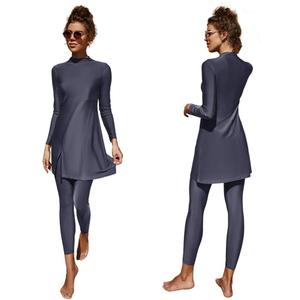 IBAKOM Muslim Swimsuit for Women Rash Guard Set 3 Pieces Long Sleeve Modest Swimwear with Swim Cap Surfing Bathing Suit (X-Large, Dusty Blue Slip)