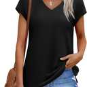 SAMPEEL Womens Summer Tops 2025 Cap Sleeve Trendy V Neck Loose Fit T Shirts (Black, L)