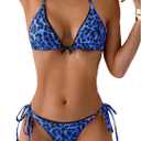 Women's 2 Piece Leopard Bikini Set Cheetah Thong Bikini Sexy Triangle High Cut Swimsuit String Cheeky Bathing Suit (Large, Blue)