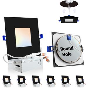 Adetu 4 inch Square Led Recessed Lighting Black,5CCT Ultra Thin Square Led Ceiling Light with Junction Box, 2700K/3000K/3500K/4000K/5000K Selectable,Dimmable,ETL and Energy Star Certified (Black - 6 Pack)