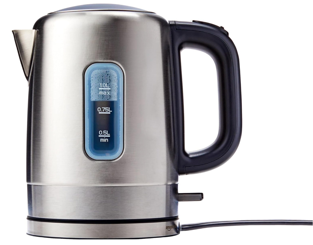 Basics Electric Stainless Steel Kettle for Tea and Coffee, BPAFree, Fast Boiling, Auto ShutOff, 1 Liter, 1500W, Black and Silver