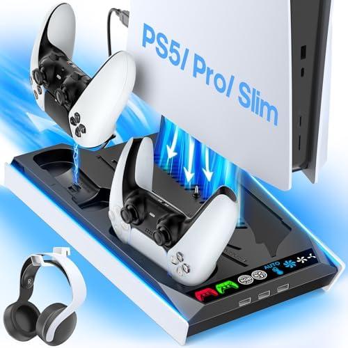 PS5/Slim/Pro Cooling Station with Auto Turbofan & 3-Level Speed, PS5 Vertical Stand Cooling Fan Station with Controller Charger, PS5 Accessories Base Cooler Docking Station for Sony PSP Console