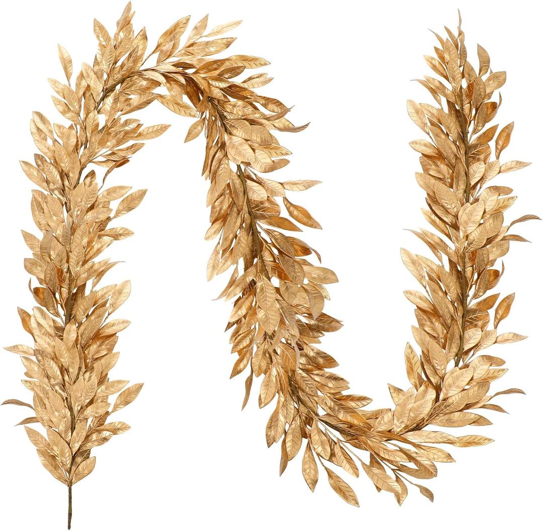Jutom 9 Ft Gold Christmas Bay Leaf Garland Decoration Gold Bayleaf Garland for Christmas Fireplace Front Door Stairs Decoration Xmas Holiday Winter Engagement Birthday Wedding Supplies