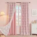 MYSKY HOME Pink Curtains for Girls Bedroom Nursery Curtain Double Layer White Pom Pom Sheer Window Panels for Kids Room Back Tab Room Darkening Window Drapes 72 Inches Length, W52 X L72, 2 Pieces