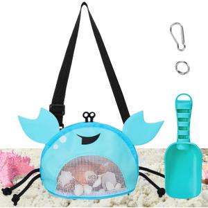 2 x AMOR PRESENT Mesh Baby Beach Bag, Shell Collecting Bag with Shovel Crab-Shaped Adjustable Strap for Holding Shell Sea Pool Sand Toy, Blue
