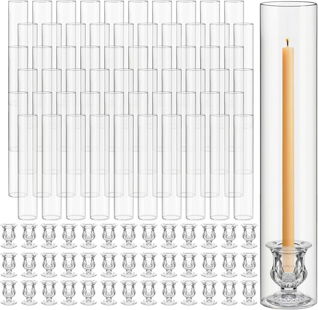 60 Set Glass Hurricane Candle Holders 11.8" Open Ended Glass Candleholder Tube Shape Bottomless and 1.9" Taper Clear Candlestick Holders for Wedding Party Table Centerpiece