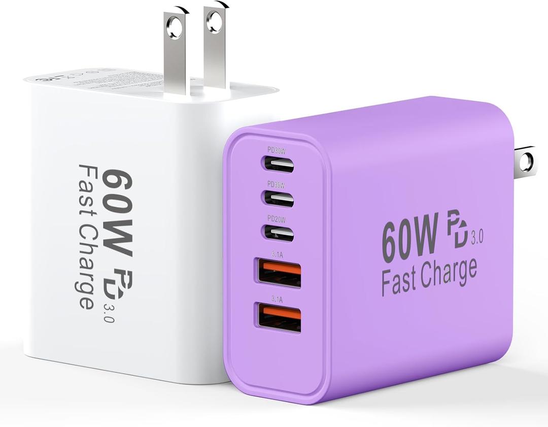 USB C Fast Charger Block, 60W 5-Port USB C Wall Charging Blocks, Type C Chargers Fast Charging Brick, 3USB C+2USB A PD&QC3.0 Multiport Charger Plug for Phone 17/16/15/14/13 Pro Max, White+Purple