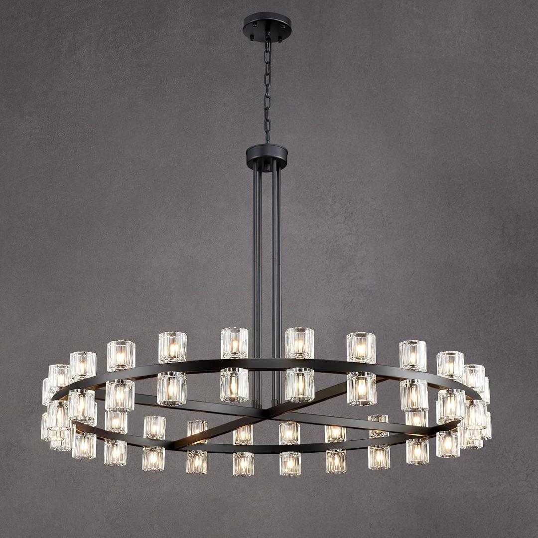 Modern Black Round Crystal Chandelier, D47.2 Wagon Wheel Chandelier for Dining Room Over Table, K9 Crystal Chandeliers Pendant Light Fixture for Kitchen Island, Entryway, Living Room, Foyer