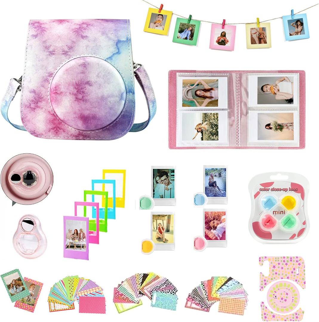 CAIYOULE Fujifilm Instax Mini 11 Camera Accessories Kit Bundle with Protective Case & Mini Album & Frames & DIY Sticker & Filter (Blue Pink Clouds)