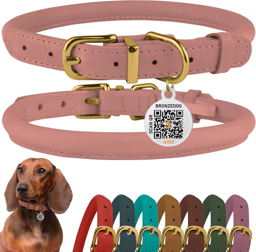 BronzeDog Rolled Leather Dog Collar with QR ID Tag, Adjustable Soft Round Collars for Small Medium Large Dogs Puppy (11" - 14 1/2" Neck Size, Blush)