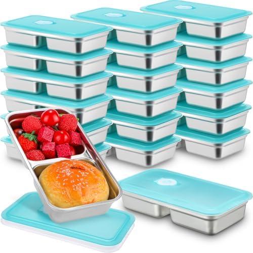 Teenyyou 9 Pcs Stainless Steel Snack Containers 30 oz 2-compartment Meal Prep Containers Reusable Metal Divided Bento Box with Silicone Lids Leakproof Lunch Box Dishwasher Safe (Blue)