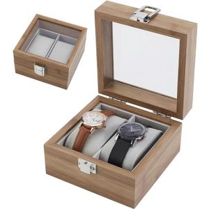 AHANDMAKER Watch Box, 2 Slot Wooden Watch Display Case with Clear Glass Window and Velvet Pillow Watches Storage Organizer Jewelry Holder for Men and Women Christmas Birthday Gifts, Camel