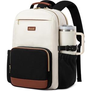 LOVEVOOK Laptop Backpack for Women with Pouch Pocket for Large Capacity Cup,17 Inch Laptop Computer Bag Travel Backpack Purse,Waterproof Work Business Backpack College Teacher Bags,Beige-Black-Brown