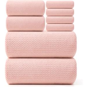 REDKISS Pink Towel Set of 8 - Ultra Soft Microfiber, Contains 2 Large Bath 35x70, 2 Hand 14x30, 4 Washcloths 14x14, Highly Absorbent, Quick Dry, Ideal for Everyday use, Hotel & Spa, Pink