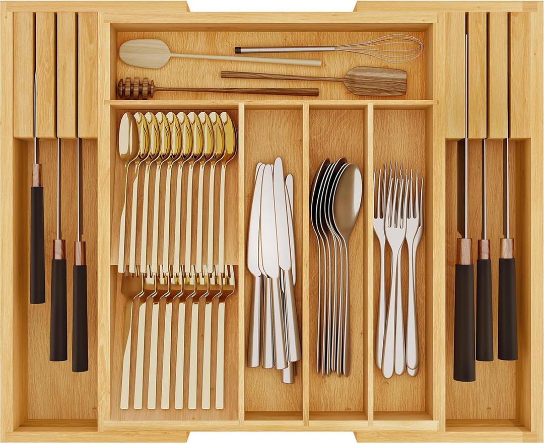 HOOBRO Silverware Organizer Kitchen Drawer Organizer, Expandable Utensil Drawer Organizer, with 2 Knife Block, Bamboo Cutlery Tray with Divider for Flatware and Kitchen Utensils, Natural YL06TL01