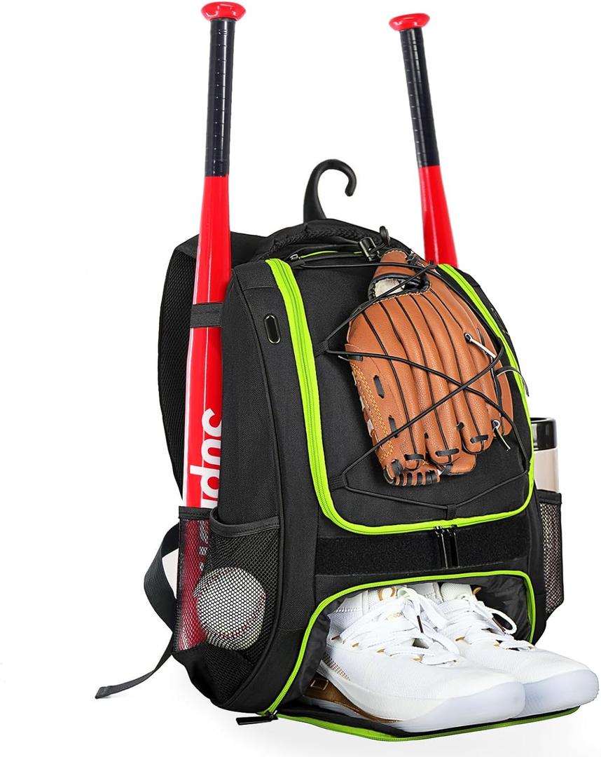 Goloni | Baseball Backpack,Baseball Bag for Adult,Softball Bat Bag with Shoes Compartment,Large Main Compartment for Helmet & accessories, Fence Hook (Lemon green)