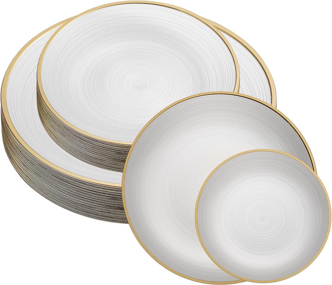 PLASTICPRO 128 Pieces Crystal Design Plastic Plates Combo Pack 7 inch and 10 inch Gold Rim Elegant Disposable Plates, Pearl White