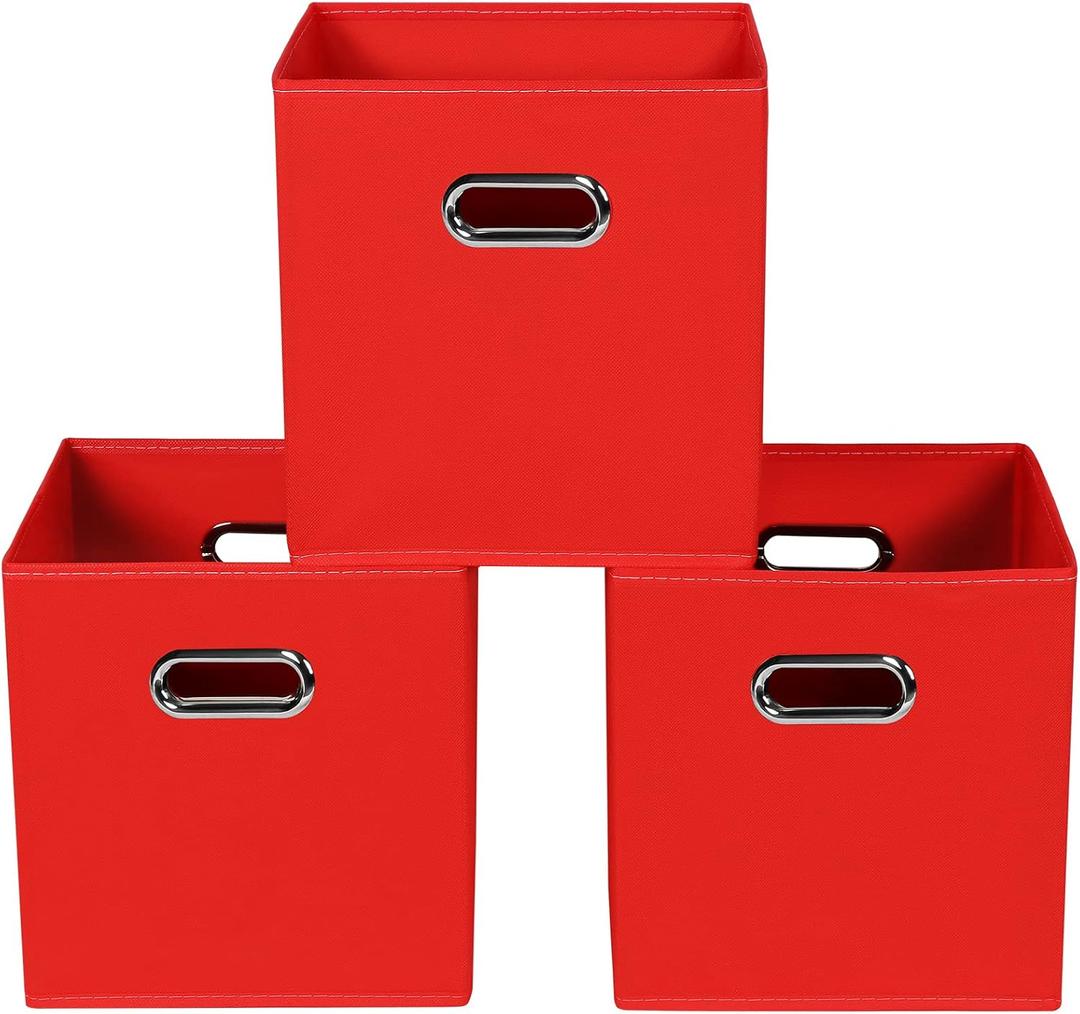 Fabric storage bins Cubes, Fabric Cube Organizer with Handle, Foldable Cube Bins for Cloth or Accessary Storage, 11x11x11, Set of 3, (Red)