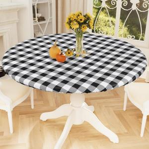 Smiry Round Picnic Tablecloth, Elastic Waterproof Fitted Vinyl Tablecloths for 36"-44" Tables, Flannel Backed Buffalo Plaid Table Cover for Dining, Camping, Outdoor, Black and White
