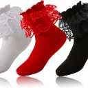 3 Pairs Toddler Girls Ruffle Socks,Cute Frilly Lace Cotton Black White Red School Dress Socks for Girl 1-10 Years (Large)